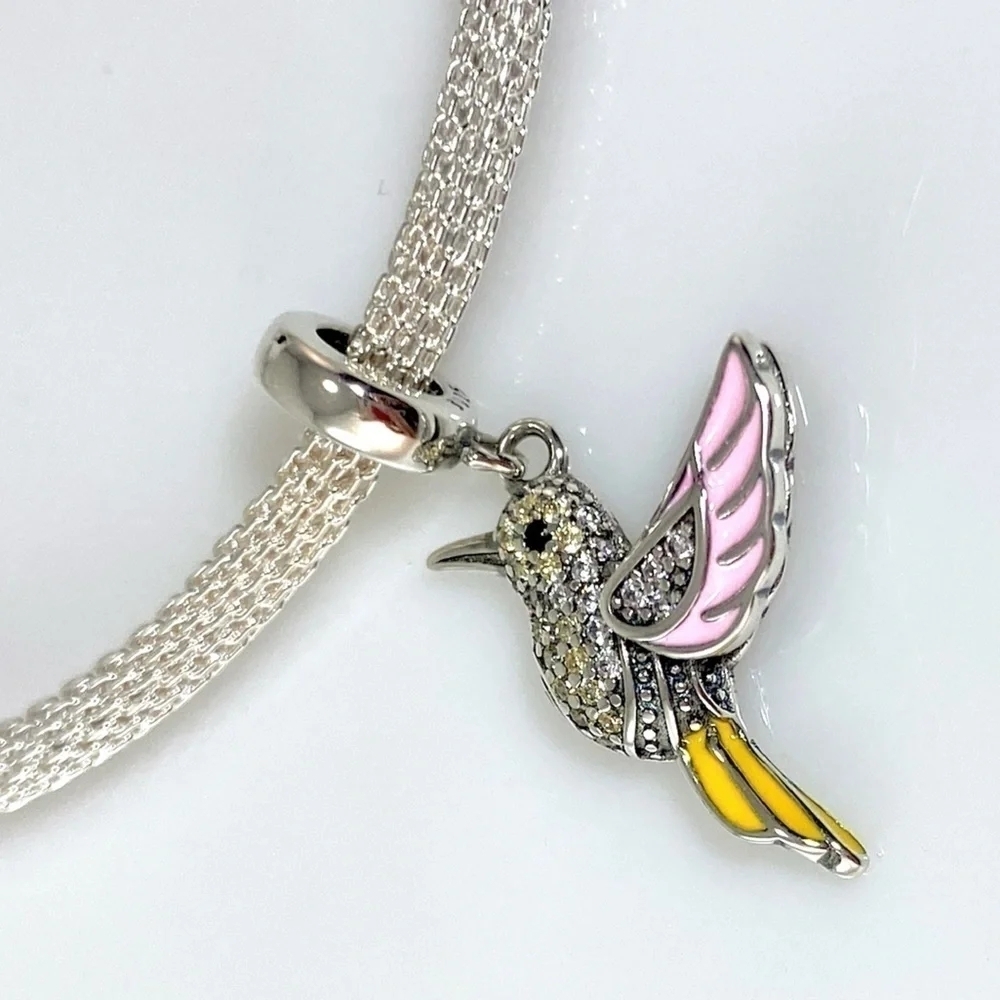 💜 Sterling Silver Yellow Tail Pink Wing Hummingbird Dangle Charm